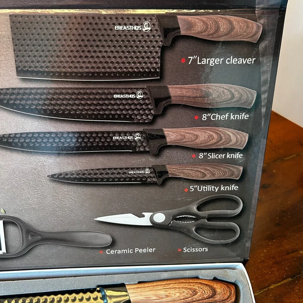 EREASTHQS Knife Set Black 6 Piece Non-Stick Wood Grain Handle New